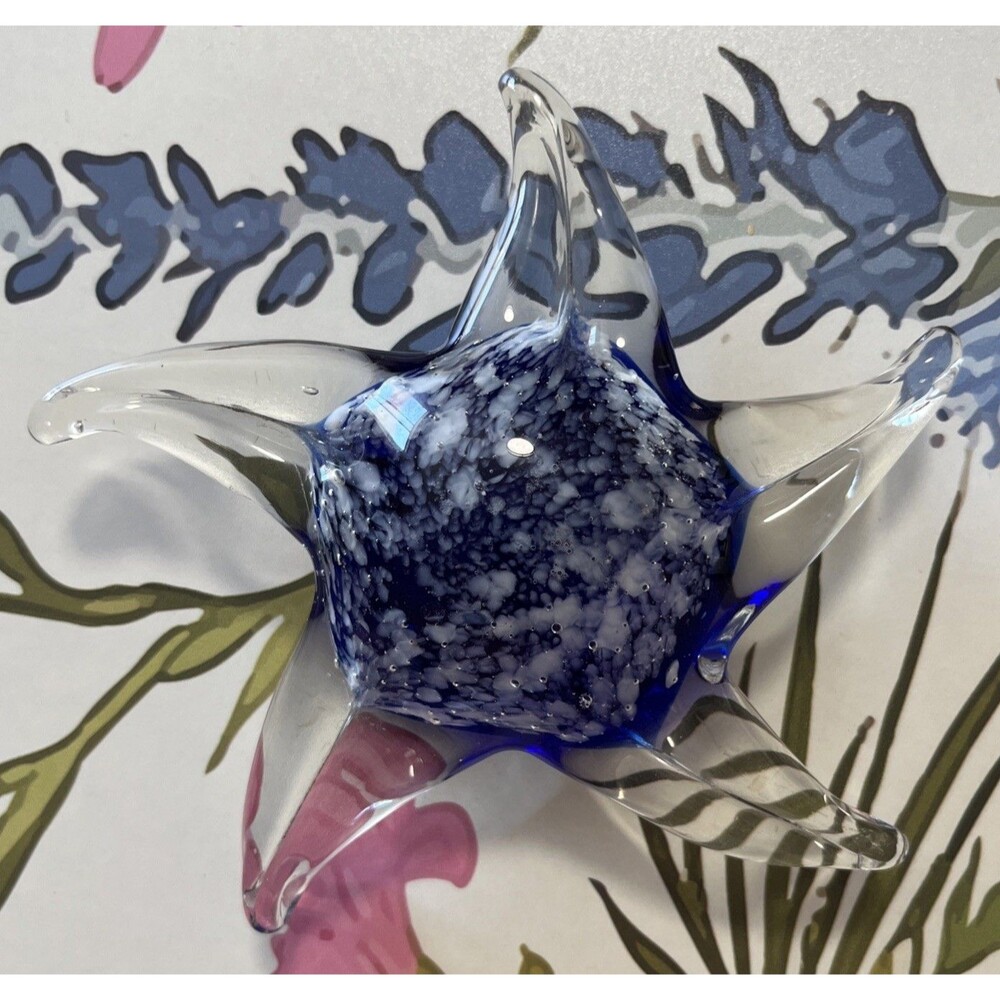 Vintage Art Glass Starfish Blue Clear Paperweight Glass 6 Inches Long